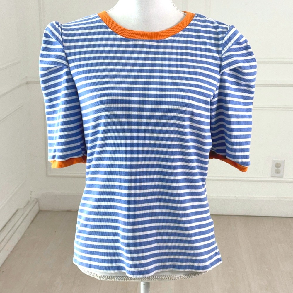 Rebecca Minkoff Puff Sleeve Top Womens Large Blue White Striped Orange Ringer